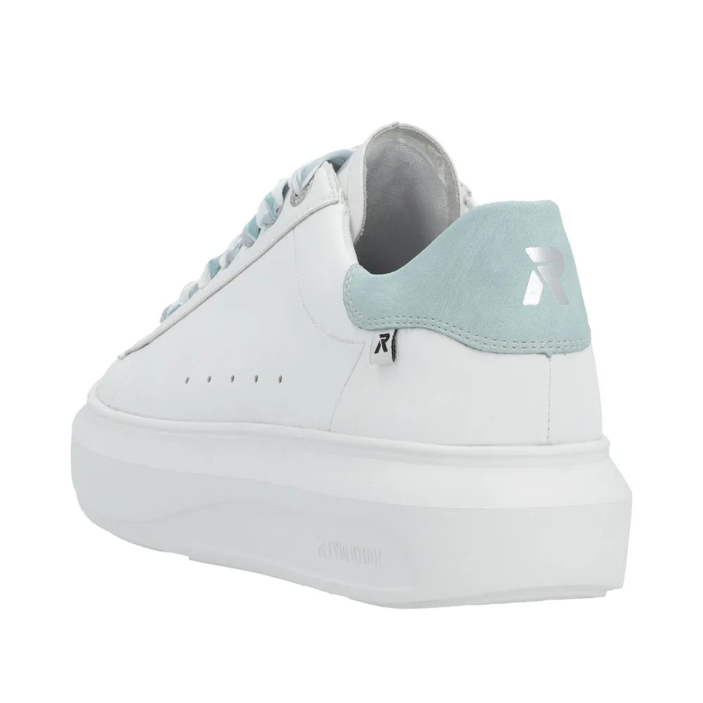 Rieker W1201-81 Adelia Ladies White & Light Blue Leather Lace Up Trainers