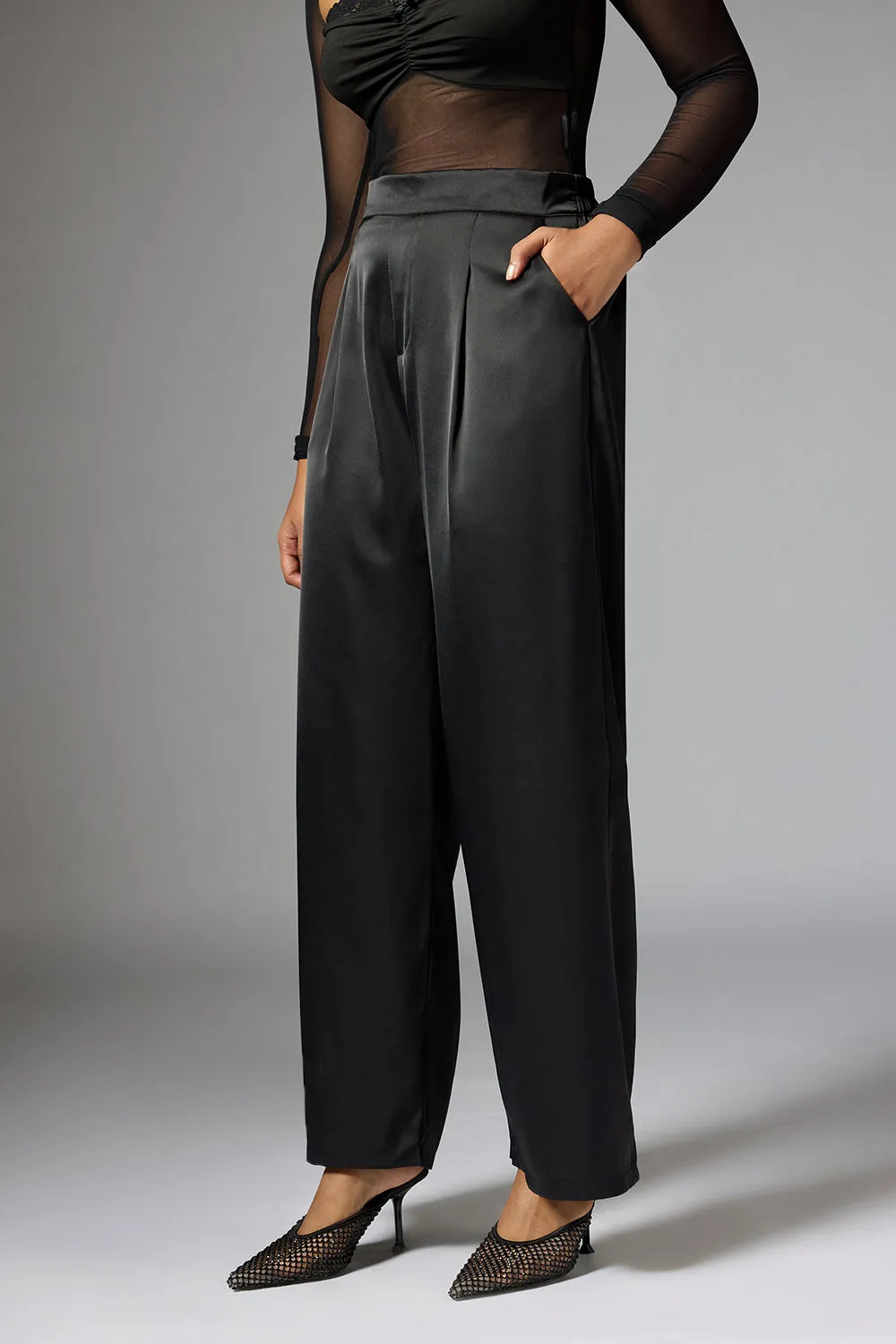 Shadow Black Satin Straight Korean Pants