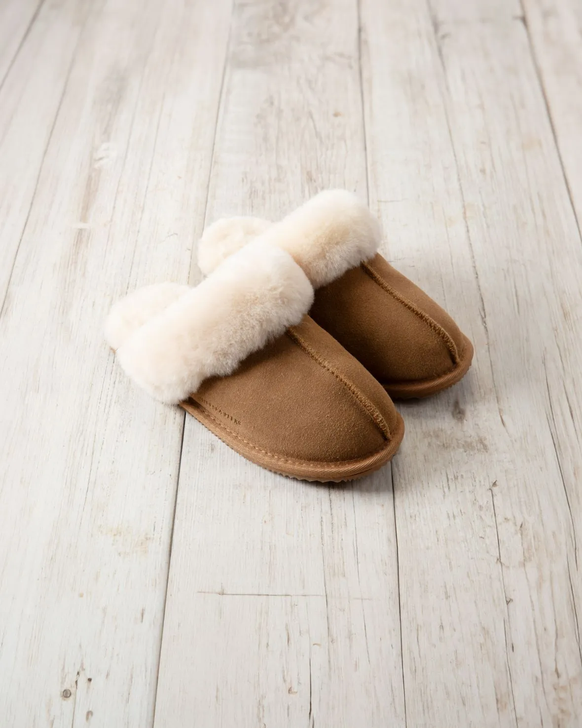 Suede Sheepskin Mule Slippers - Tan