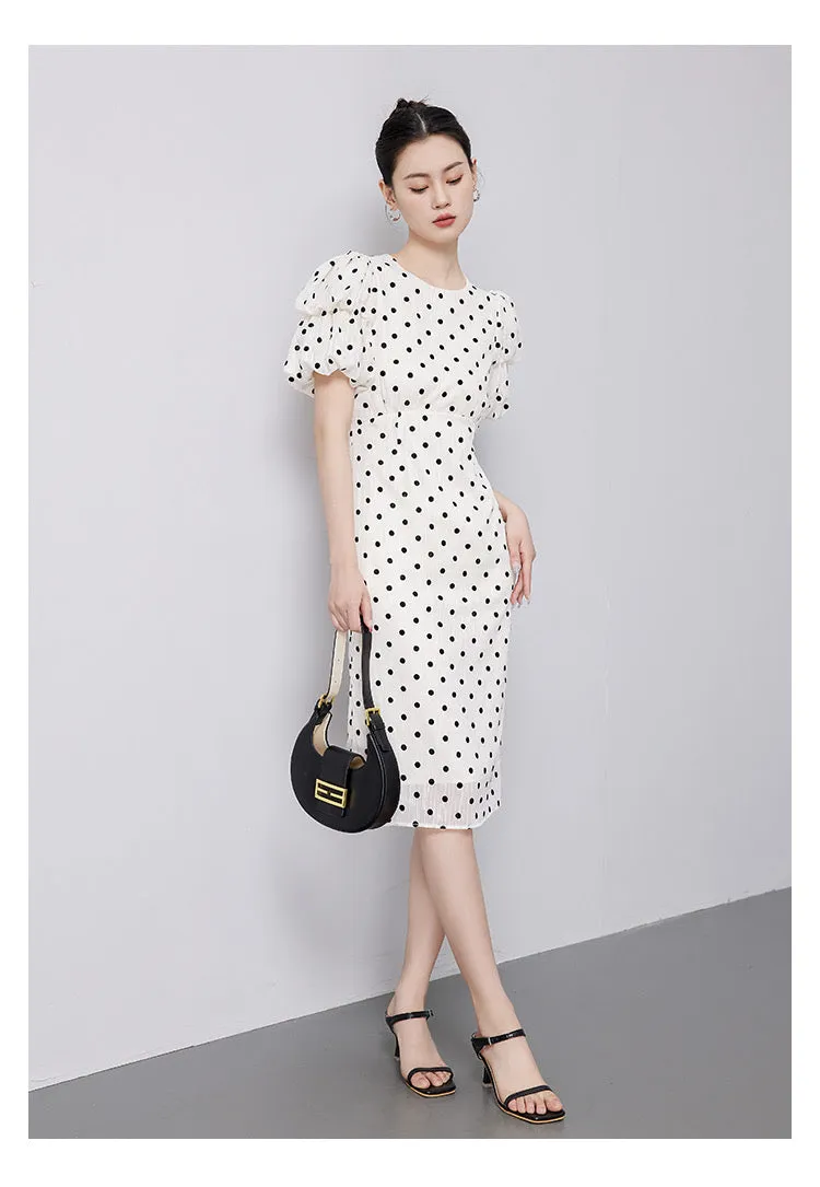 White Bubble Sleeves Polka Dot Dress