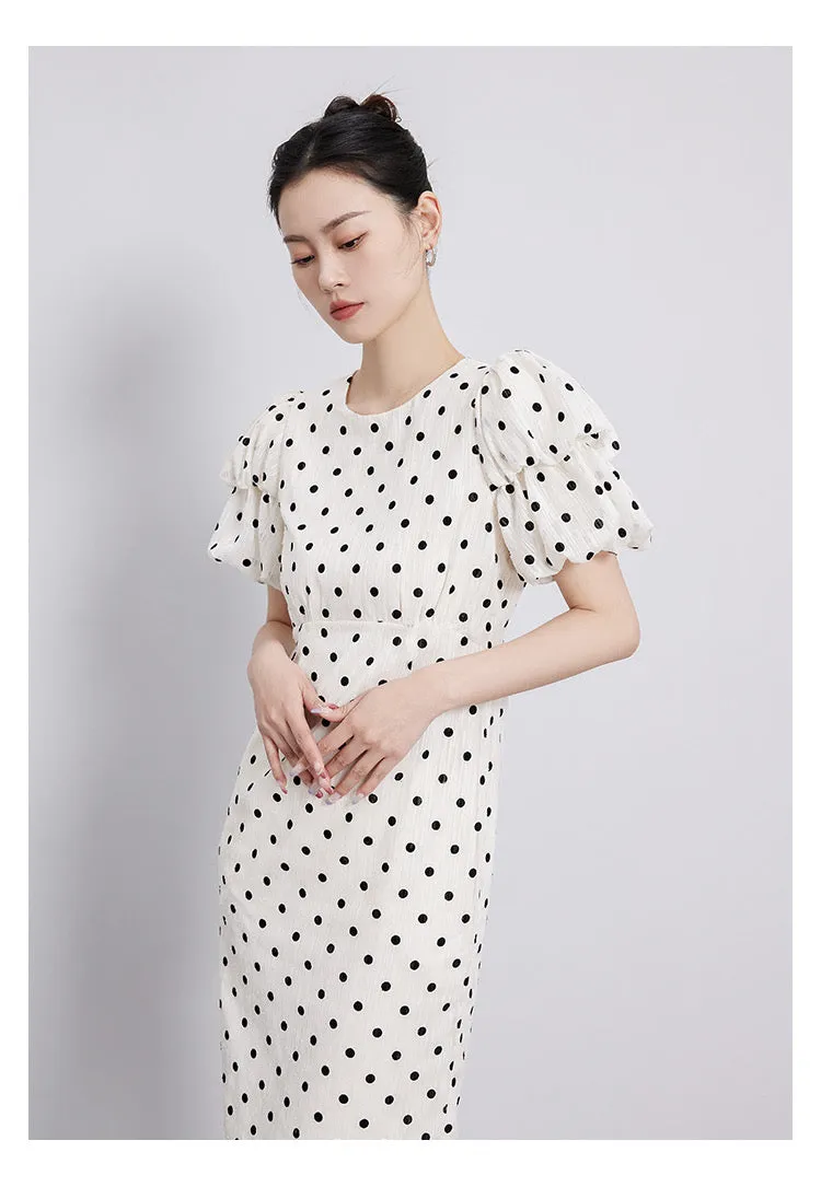 White Bubble Sleeves Polka Dot Dress