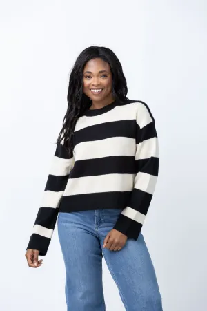 White   Warren Cashmere Striped Crewneck Sweater in Black/Natural