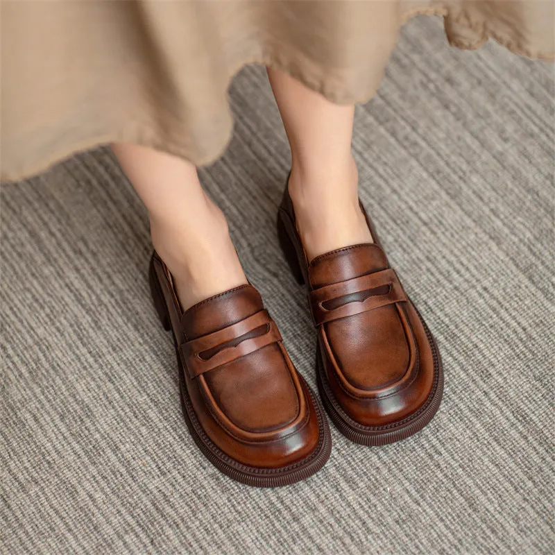 Women Retro Classic Cowhide Lug Sole Loafers