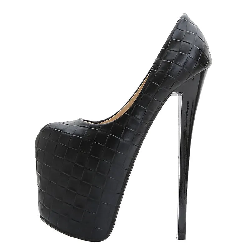 Woven Pattern Platform Stiletto Shoes in Black and Beige